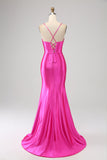 Stunning Red Mermaid Spaghetti Straps Corset Prom Dress with Split Front Stunning Red Mermaid Spaghetti Straps Corset Prom Dress with Split Front