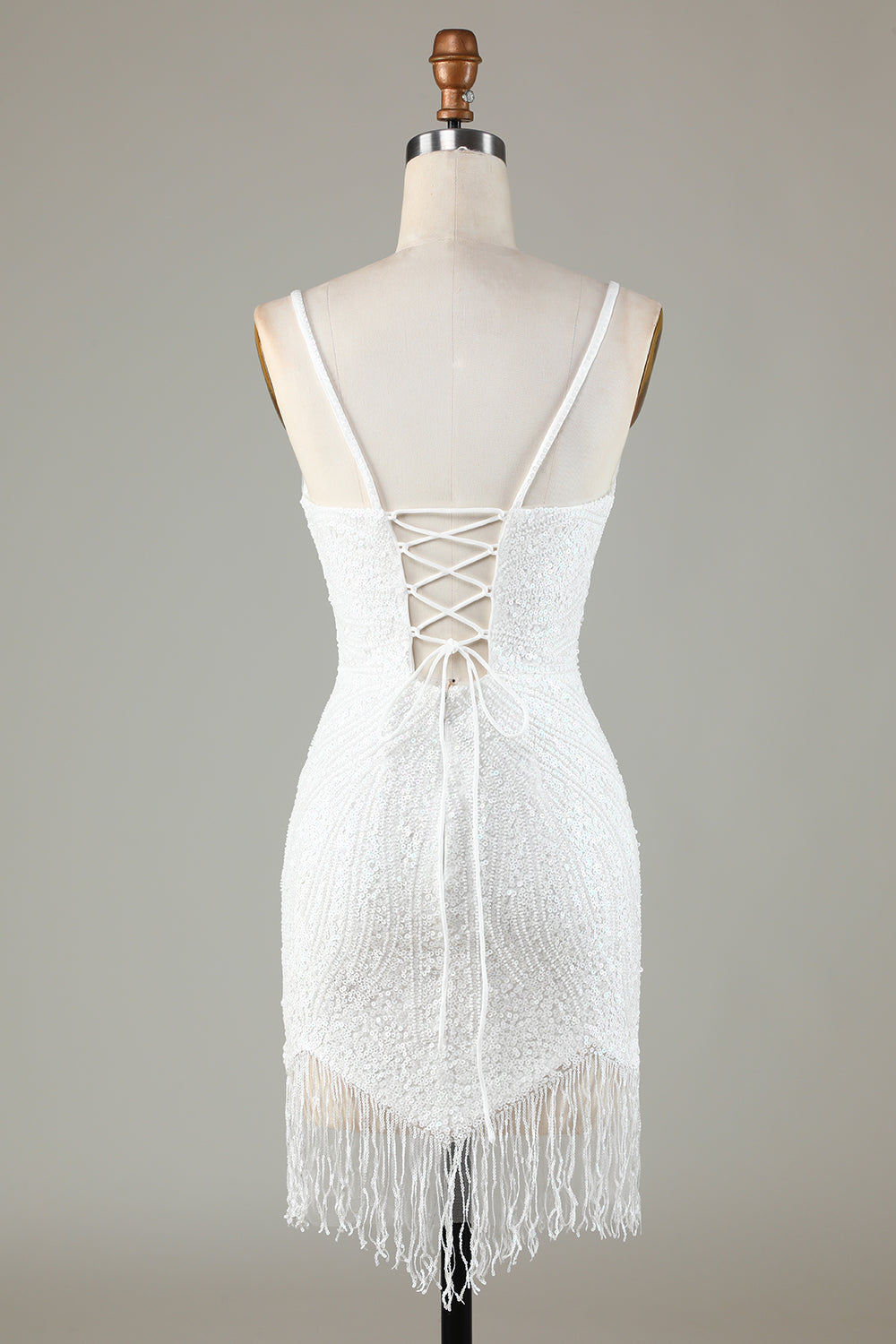 Sparkly Fringed White Spaghetti Straps Tight Short Homecoming Dress with Beadings Sparkly Fringed White Spaghetti Straps Tight Short Homecoming Dress with Beadings