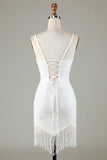 Sparkly Fringed White Spaghetti Straps Tight Short Homecoming Dress with Beadings Sparkly Fringed White Spaghetti Straps Tight Short Homecoming Dress with Beadings