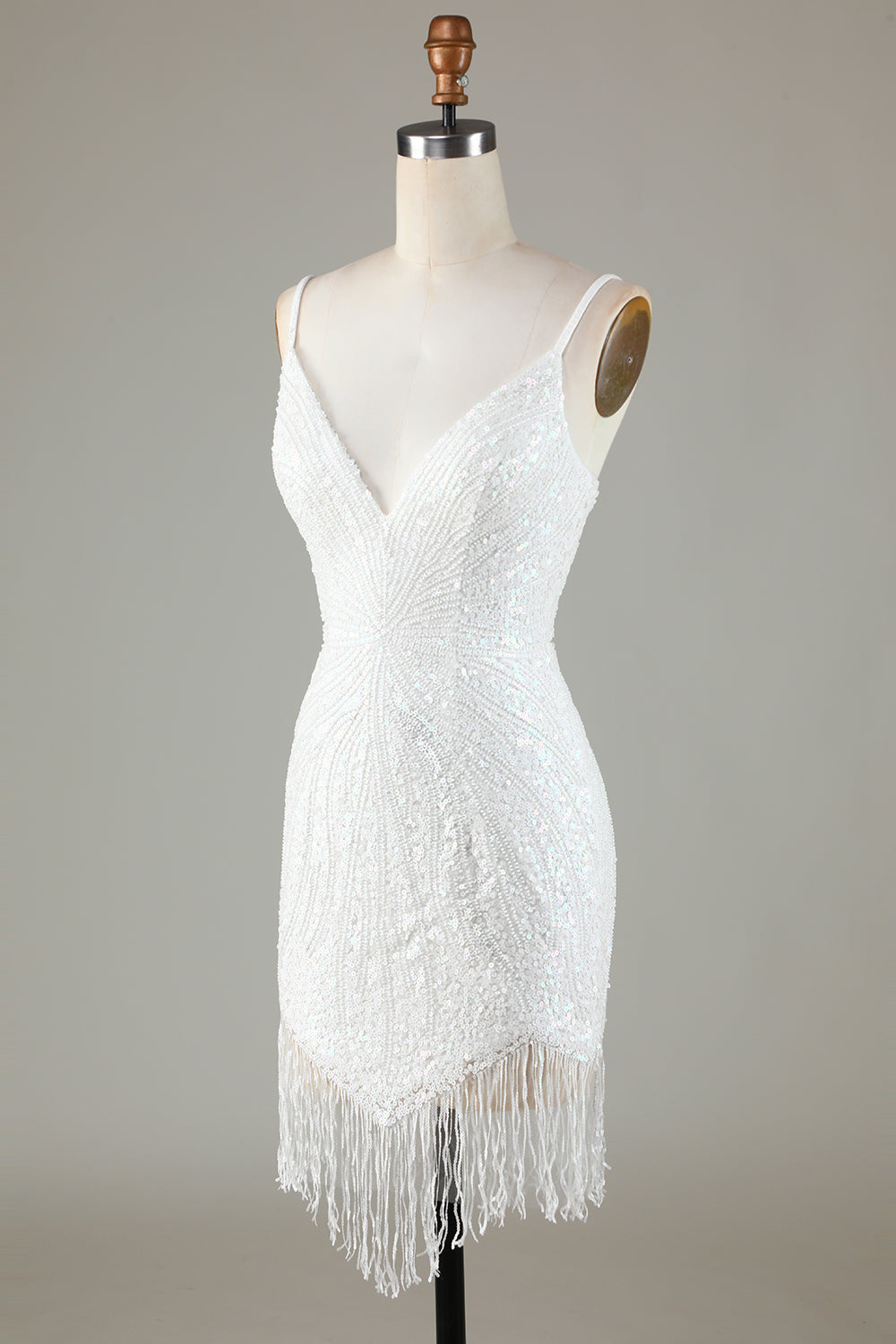 Sparkly Fringed White Spaghetti Straps Tight Short Homecoming Dress with Beadings Sparkly Fringed White Spaghetti Straps Tight Short Homecoming Dress with Beadings