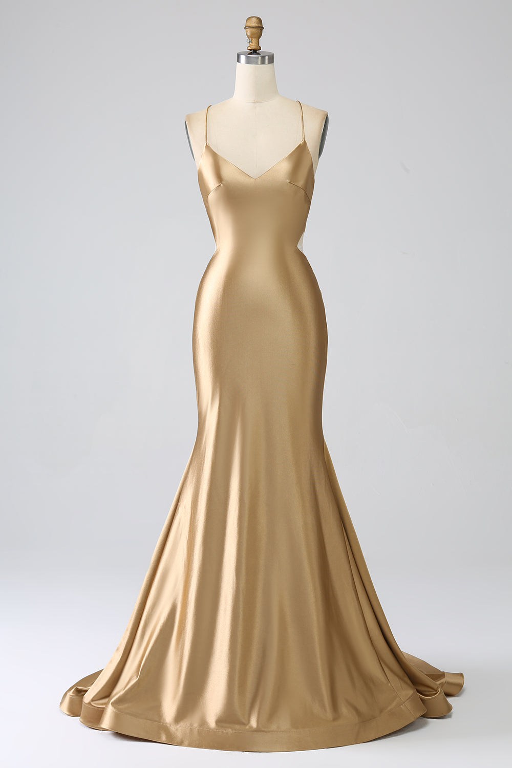 Golden Mermaid Spaghetti Straps Satin Long Prom Dress with Lace-up Back Golden Mermaid Spaghetti Straps Satin Long Prom Dress with Lace-up Back