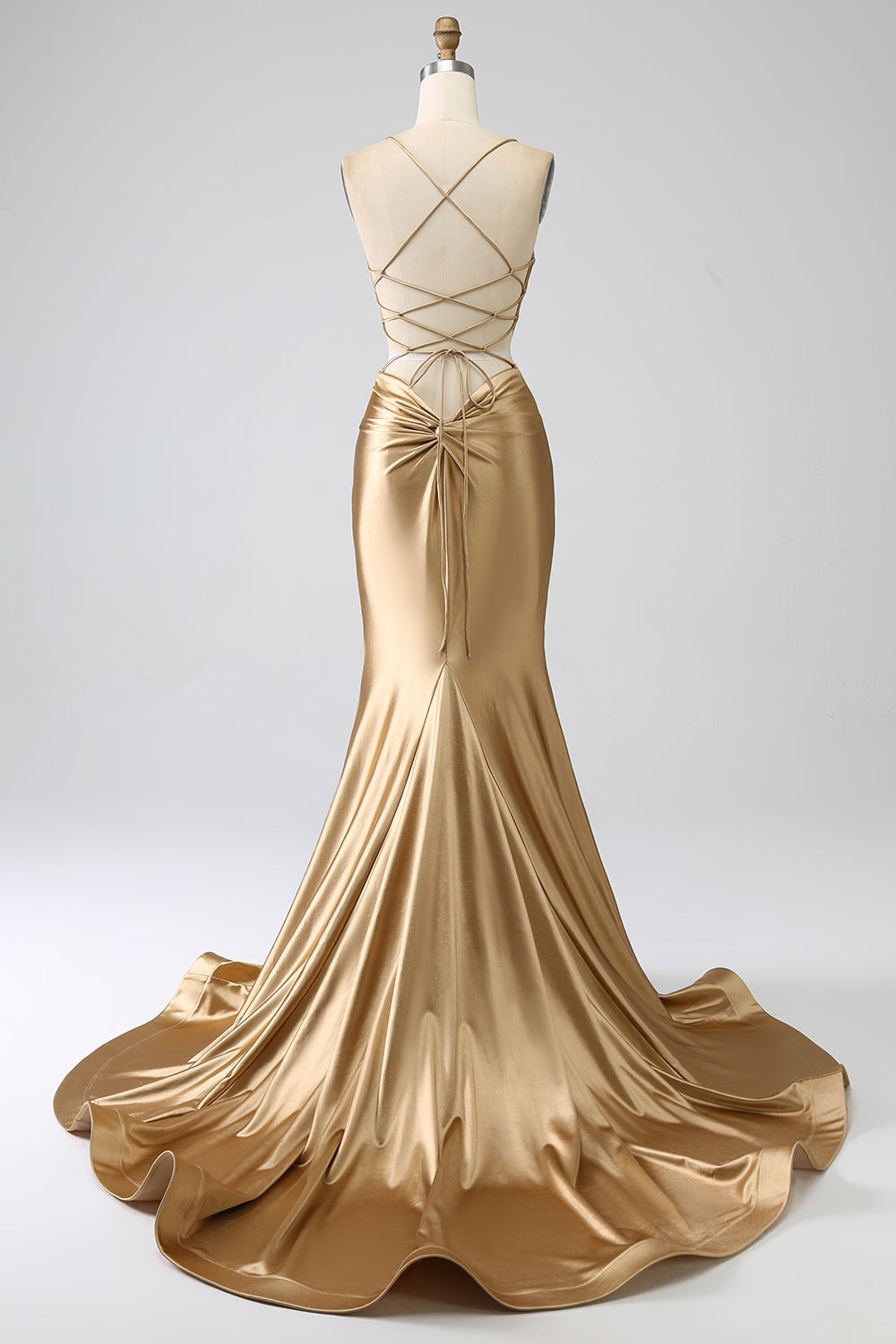 Golden Mermaid Spaghetti Straps Satin Long Prom Dress with Lace-up Back Golden Mermaid Spaghetti Straps Satin Long Prom Dress with Lace-up Back