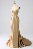 Golden Mermaid Spaghetti Straps Satin Long Prom Dress with Lace-up Back Golden Mermaid Spaghetti Straps Satin Long Prom Dress with Lace-up Back