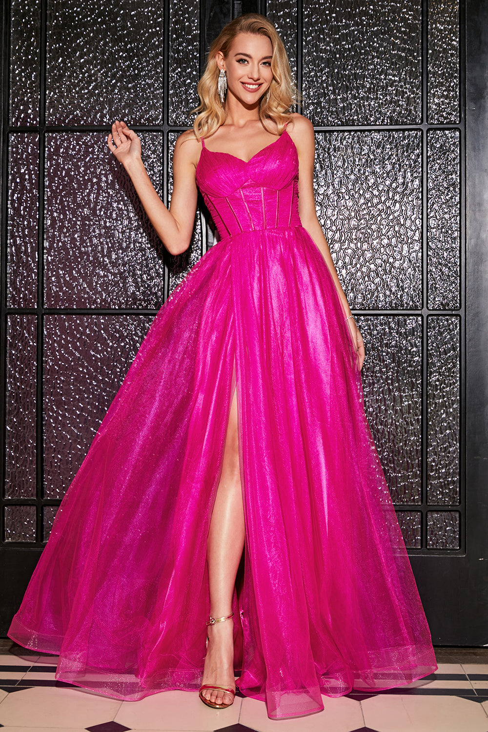 Zapakasa Women Fuchsia A-Line Spaghetti Straps Long Corset Prom Dress with Slit