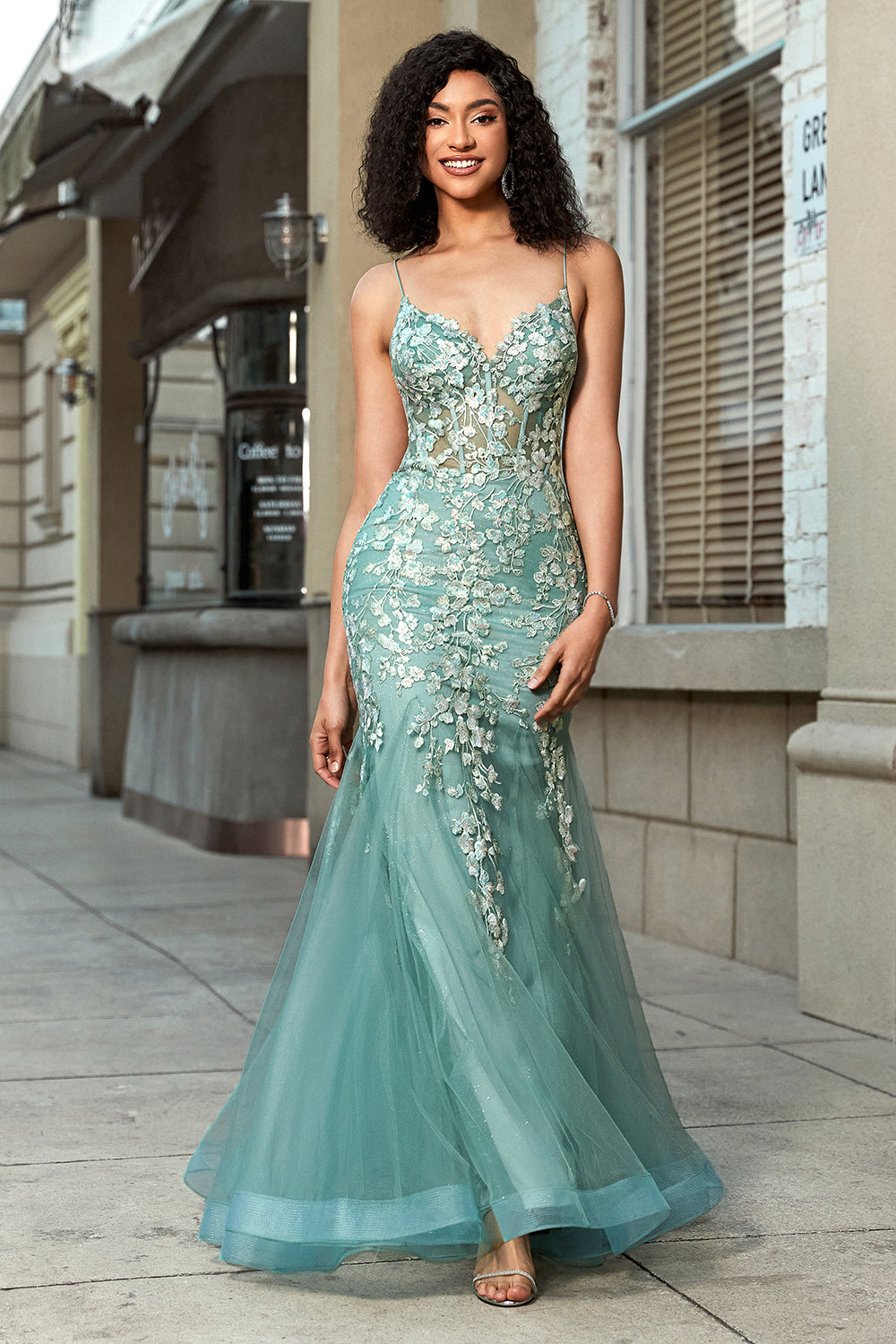 Stunning Mermaid Spaghetti Straps Light Green Corset Prom Dress with Appliques Stunning Mermaid Spaghetti Straps Light Green Corset Prom Dress with Appliques