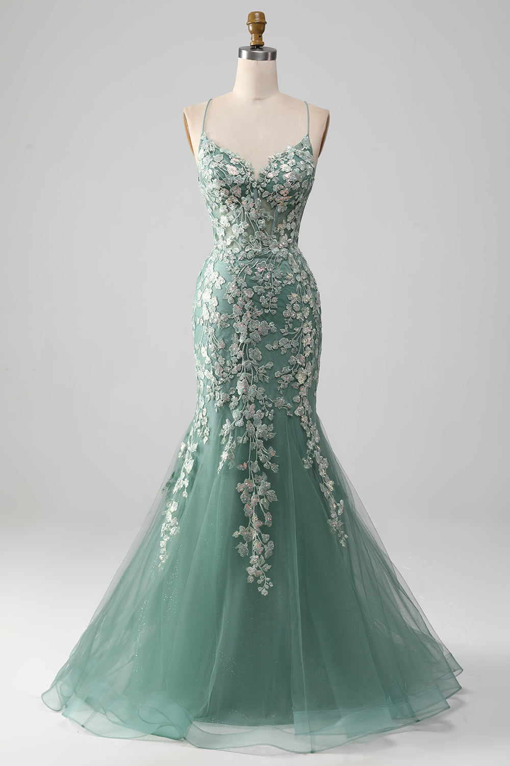 Zapakasa Women Light Green Prom Dress with Appliques Mermaid Lace-Up Back Party Dress Zapakasa Women Light Green Prom Dress with Appliques Mermaid Lace-Up Back Party Dress