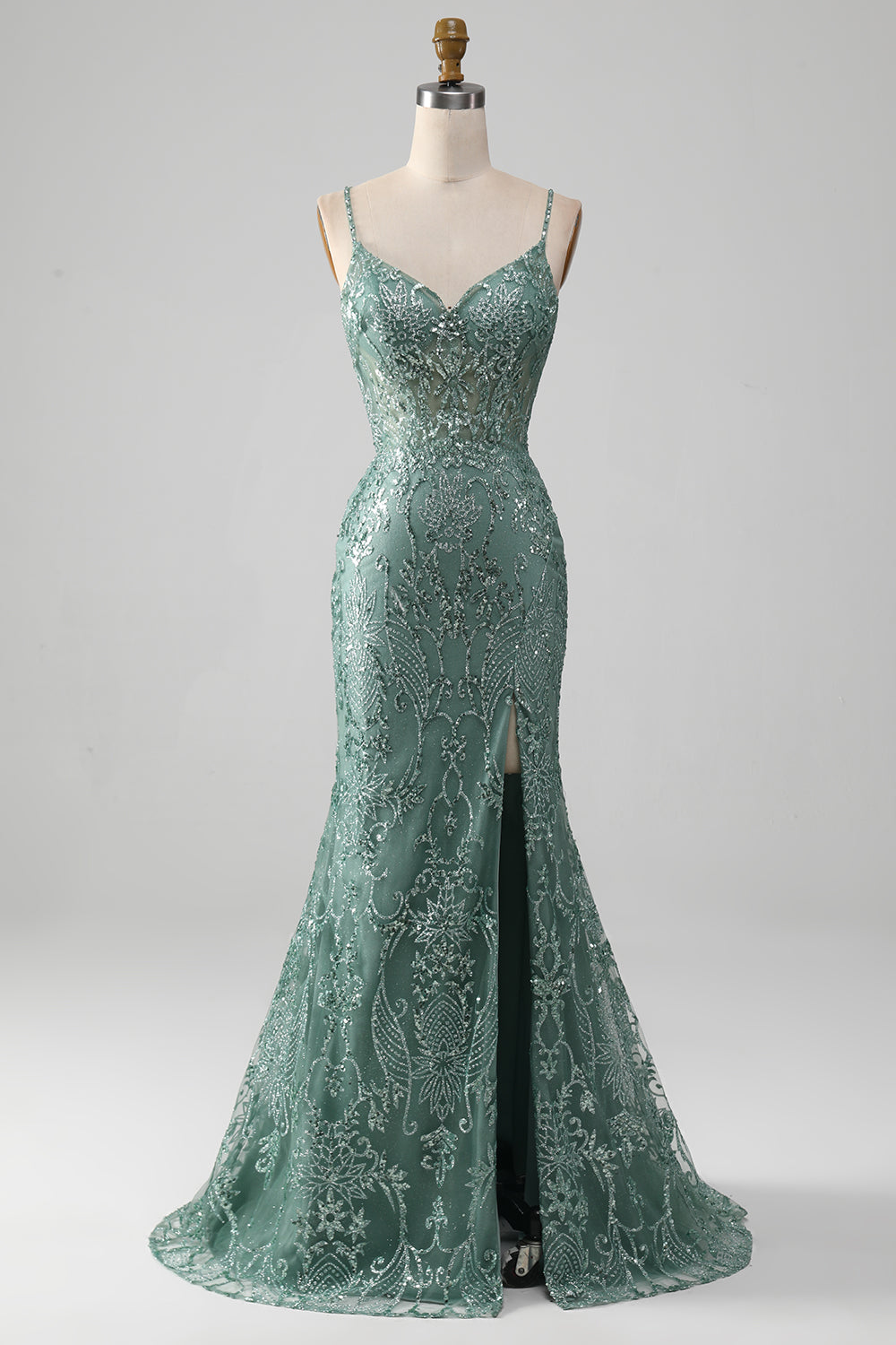 Zapakasa Women Sparkly Grey Green Prom Dress with Beading Mermaid Spaghetti Staps Party Dress with Slit, Grey Green / US16 Zapakasa Women Sparkly Grey Green Prom Dress with Beading Mermaid Spaghetti Staps Party Dress with Slit, Grey Green / US16