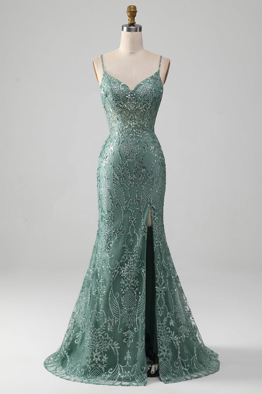 Sparkly Grey Green Prom Dress with Beading Mermaid Spaghetti Staps Party Dress with Slit