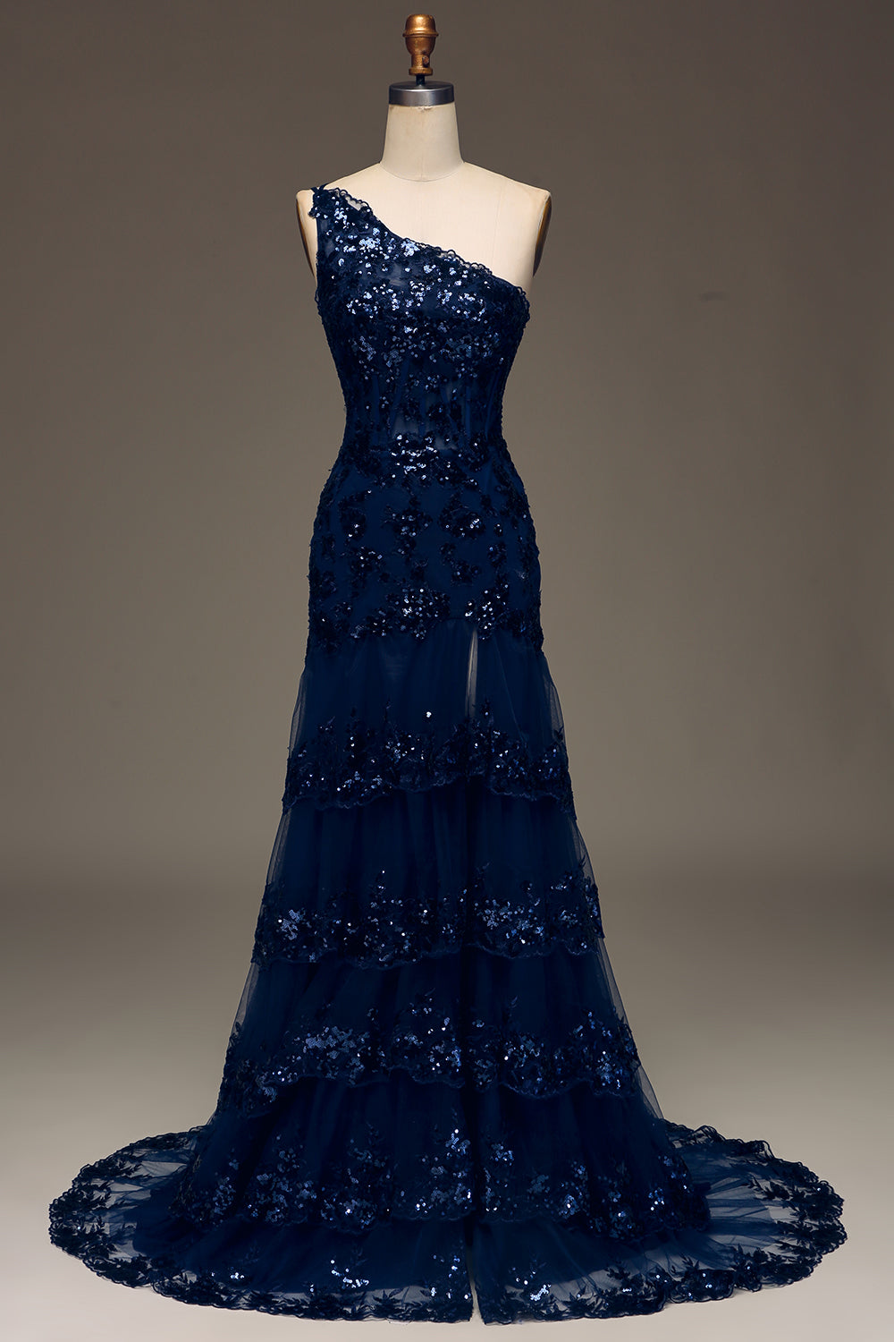 Zapakasa Women Sparkly Dark Navy Tiered Lace Long Prom Dress with Slit One Shoulder A-Line Formal Dress Zapakasa Women Sparkly Dark Navy Tiered Lace Long Prom Dress with Slit One Shoulder A-Line Formal Dress