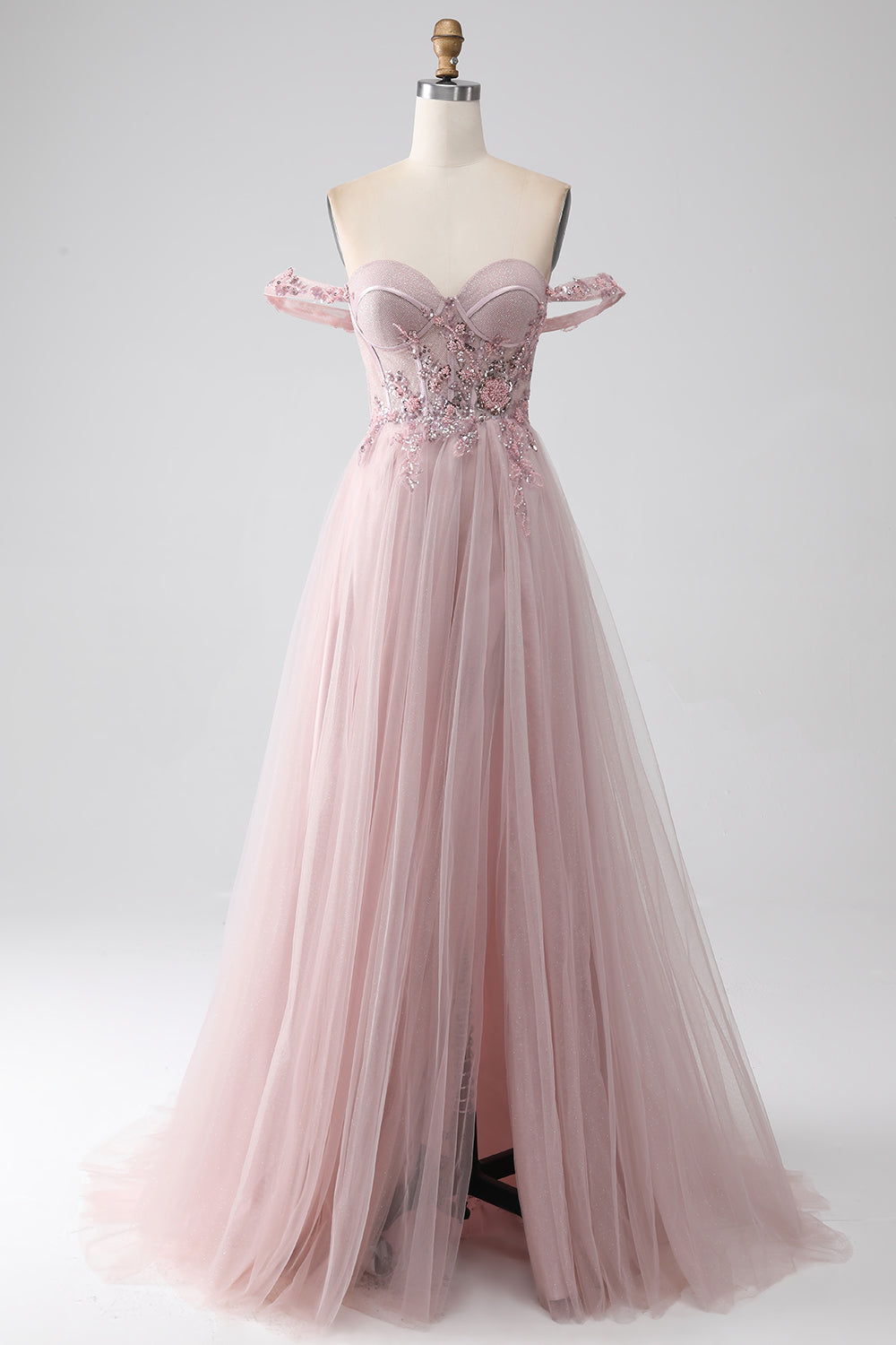 Zapakasa Women Off the Shoulder Beaded Prom Dress with Slit A Line Blush Tulle Sparkly Corset Party Dress Zapakasa Women Off the Shoulder Beaded Prom Dress with Slit A Line Blush Tulle Sparkly Corset Party Dress