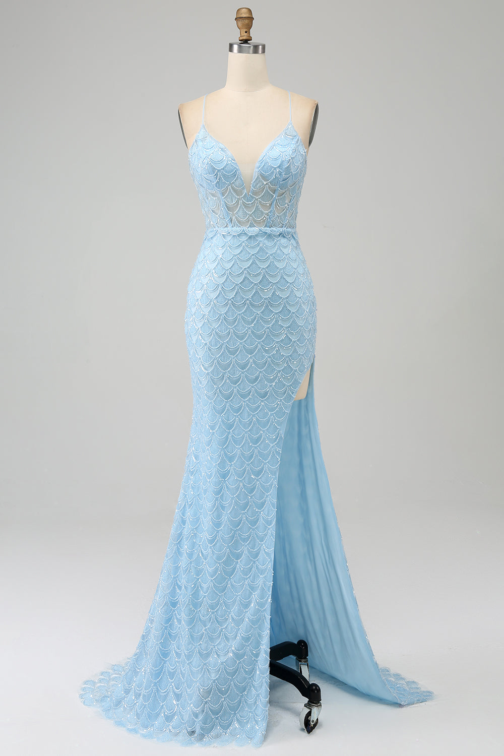 Zapakasa Women Mermaid Prom Dress with Slit Glitter Sky Blue Spaghetti Straps Long Party Dress Zapakasa Women Mermaid Prom Dress with Slit Glitter Sky Blue Spaghetti Straps Long Party Dress