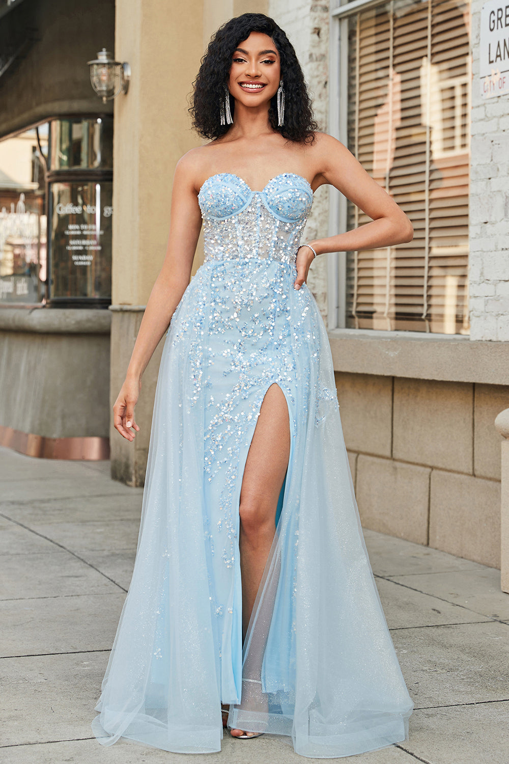 Zapaka Women Corset Blue Strapless A Line Prom Dress with Slit Sequins  Sparkly Party Dress