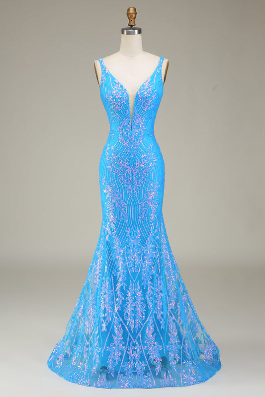 Sparkly Blue Deep V-neck Mermaid Prom Dress