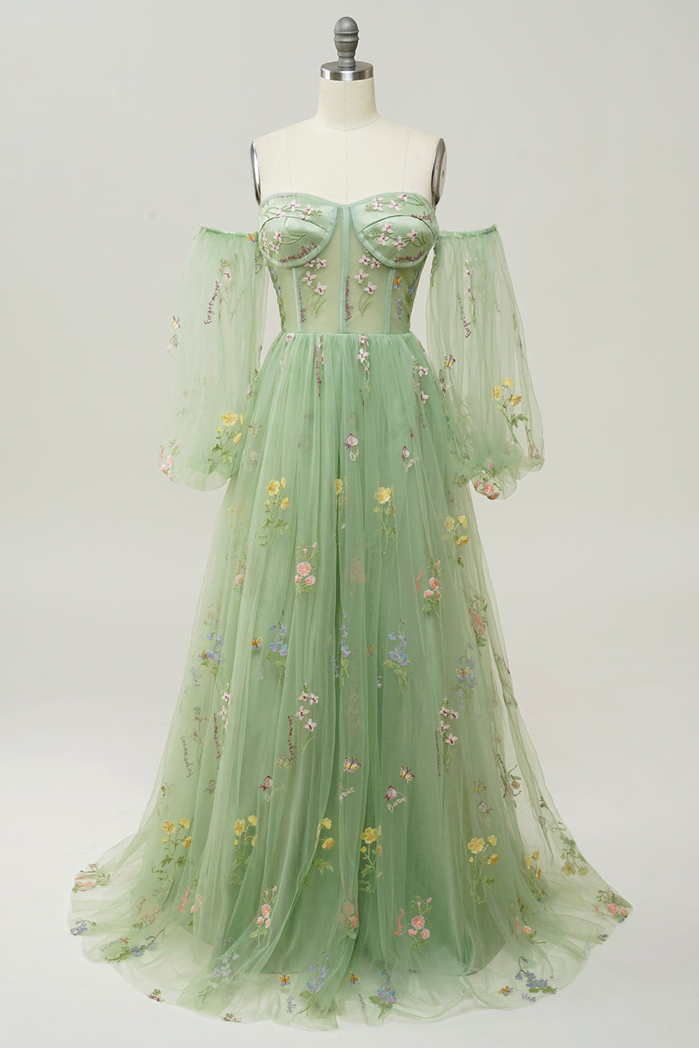Zapakasa Green Prom Dress Off Shoulder A-line Floral Long Sleeve Formal Dress Zapakasa Green Prom Dress Off Shoulder A-line Floral Long Sleeve Formal Dress