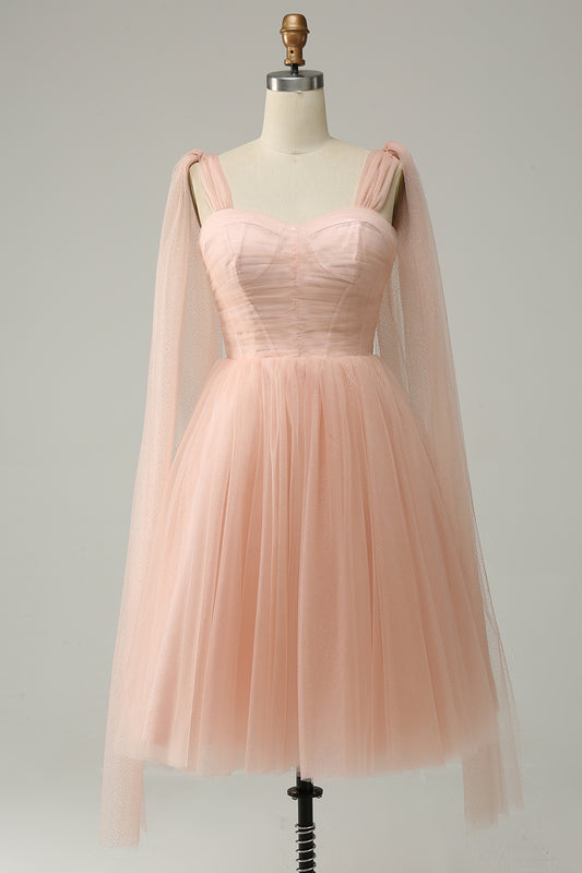 Blush Tulle Straps Short Prom Dress