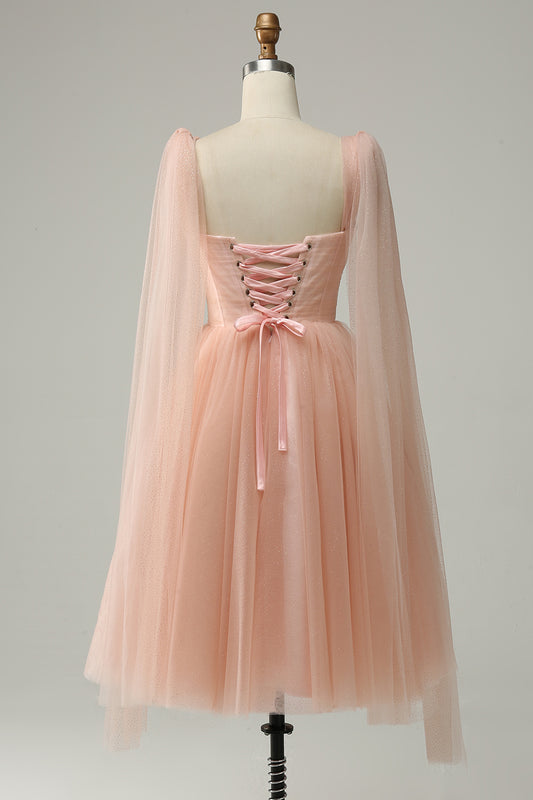 Blush Tulle Straps Short Prom Dress