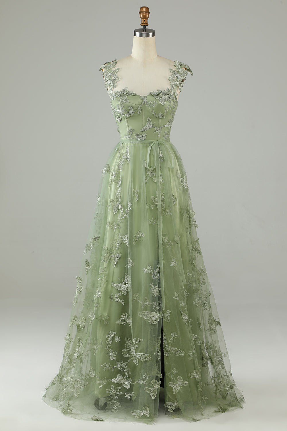 Zapaka Women Green Corset Long Tulle Prom Dress with 3D Butterflies Scoop Neck Party Dress with Slit, Green / US16 Zapaka Women Green Corset Long Tulle Prom Dress with 3D Butterflies Scoop Neck Party Dress with Slit, Green / US16