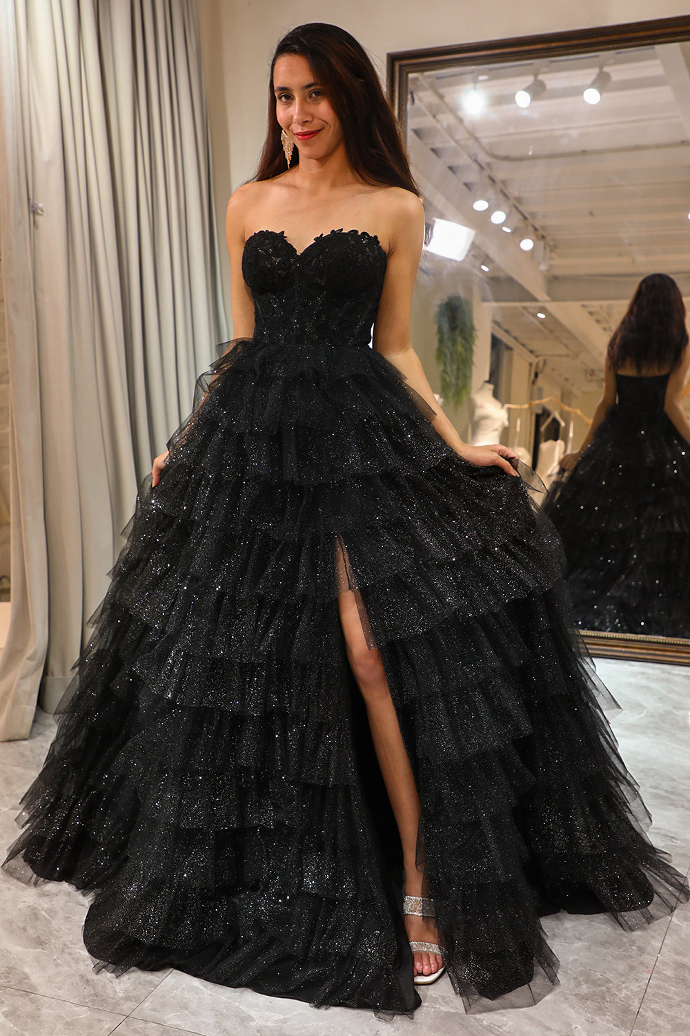 Zapaka Women Black Corset Prom Dress Trendy A Line Sweetheart Evening Dress with Ruffles, Black / US8 Zapaka Women Black Corset Prom Dress Trendy A Line Sweetheart Evening Dress with Ruffles, Black / US8