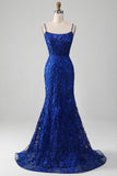 Sparkly Royal Blue Mermaid Spaghetti Straps Long Prom Dress With Appliques Sparkly Royal Blue Mermaid Spaghetti Straps Long Prom Dress With Appliques