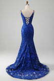 Sparkly Royal Blue Mermaid Spaghetti Straps Long Prom Dress With Appliques Sparkly Royal Blue Mermaid Spaghetti Straps Long Prom Dress With Appliques