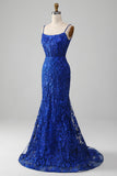 Sparkly Royal Blue Mermaid Spaghetti Straps Long Prom Dress With Appliques Sparkly Royal Blue Mermaid Spaghetti Straps Long Prom Dress With Appliques