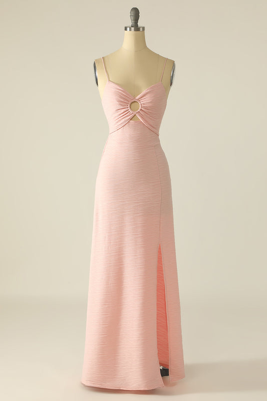 Pink Spaghetti Straps Cut Out Wedding Guest Dress With Bow
