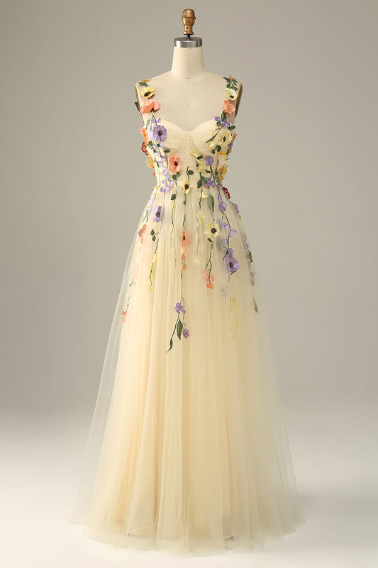 Flower A-Line Champagne Prom Dress