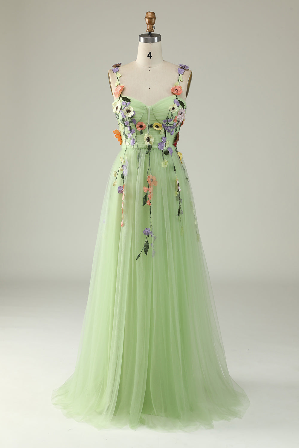 Zapakasa Flower Green Prom Dress A-Line Tulle Floor-Length