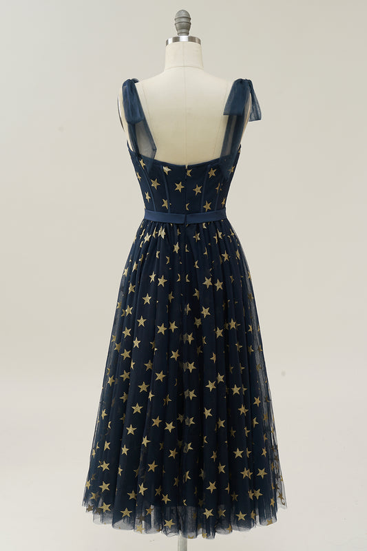A-line Navy Tea-length Prom Dress with Stars