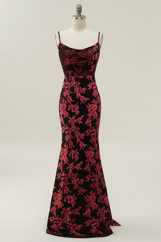 Sheath Spaghetti Straps Burgundy Printed Velvet Long Prom Dress with Silt