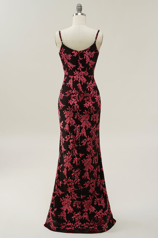 Sheath Spaghetti Straps Burgundy Printed Velvet Long Prom Dress with Silt