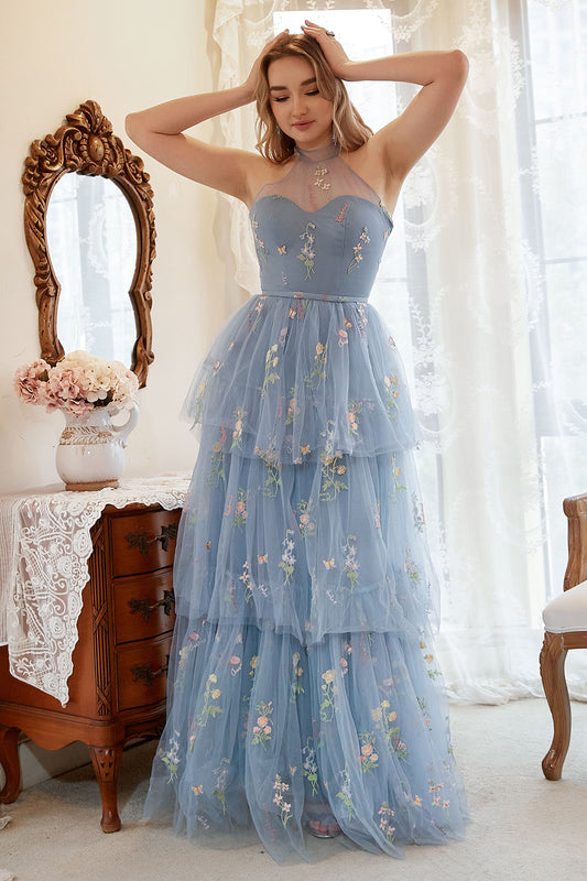 Halter Grey Blue A-Line Tulle Prom Dress with Embroidery