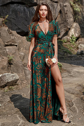 Dark Green Burnout Velvet Floor Length Prom Dress with Short Sleeve A-Line V Neck Bridesmaid Dress with Slit