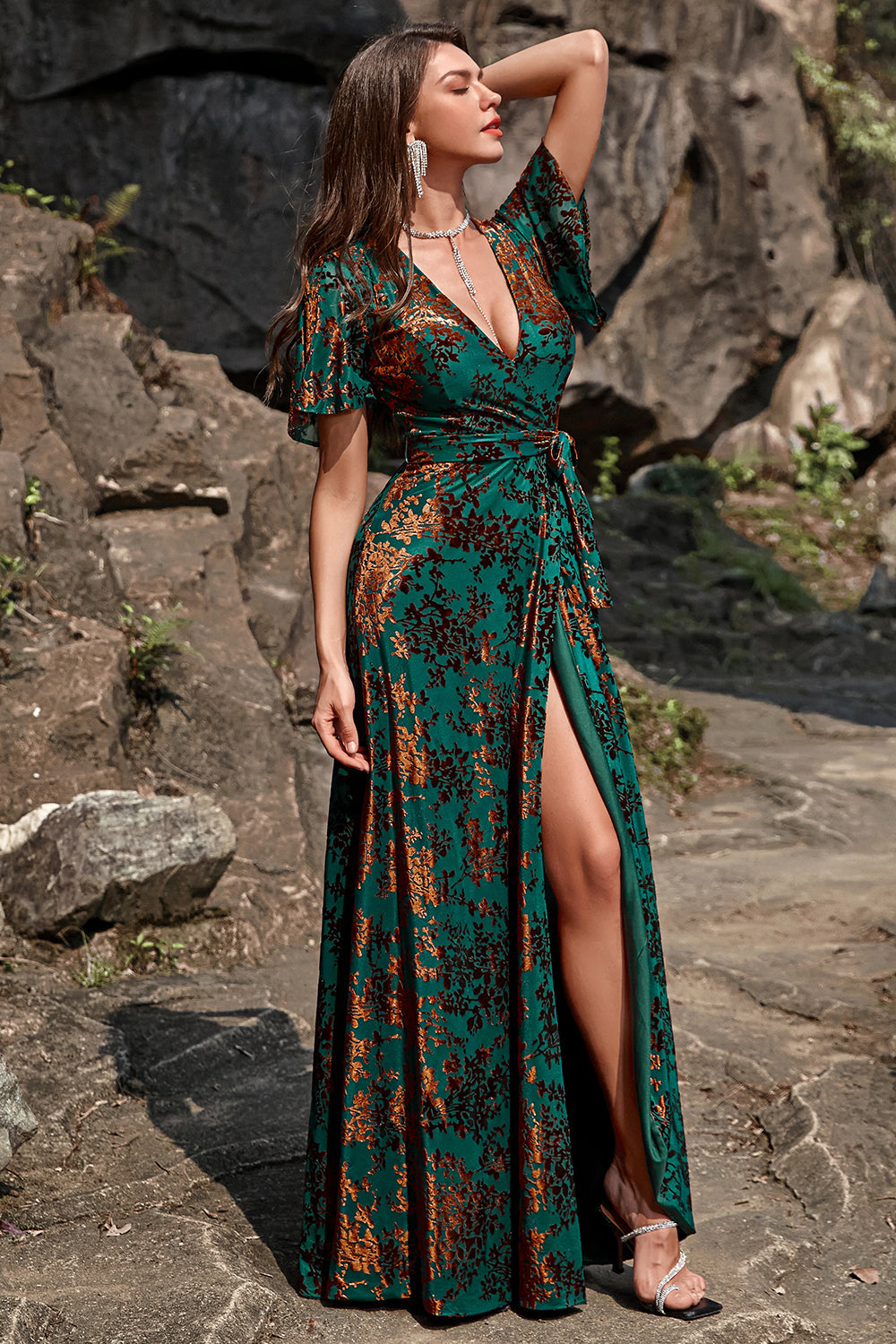 A-Line V Neck Dark Green Burnout Velvet Floor Length Prom Dress with Short Sleeve A-Line V Neck Dark Green Burnout Velvet Floor Length Prom Dress with Short Sleeve