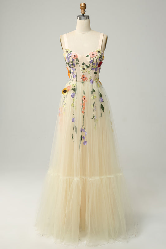 A-Line Flower Champagne Prom Dress