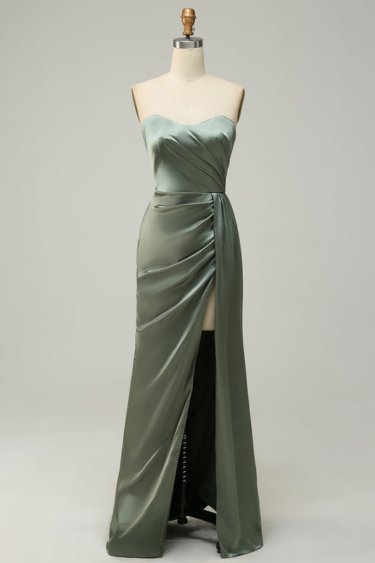 Strapless Eucalyptus Long Bridesmaid Dress with Slit