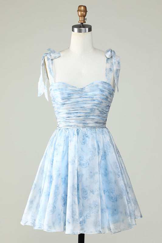 Zapaka Blue Homecoming Dress with Bow A Line Sleeveless Cocktail Dress Spaghetti Straps Hoco Dress