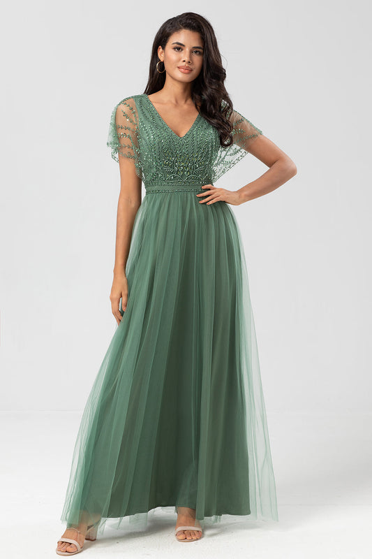 Beaded Eucalyptus Bridesmaid Dress with Sequins Tulle A-Line Wedding Guest Dress