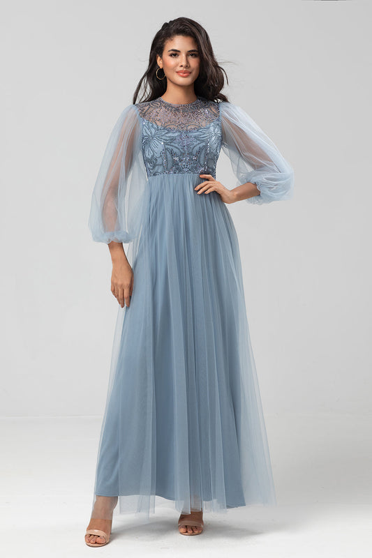 Chic Romantic A Line Jewel Neck Grey Blue Long Wedding Party Dress with Long Sleeves