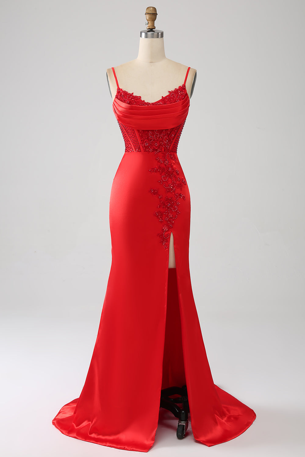 Zapakasa Women Beaded Red Prom Dress with Slit Satin Mermaid Evening Party Dress Zapakasa Women Beaded Red Prom Dress with Slit Satin Mermaid Evening Party Dress