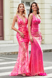 Sparkly Mermaid Deep V Neck Fuchsia Sequins Long Prom Dress with Appliques Sparkly Mermaid Deep V Neck Fuchsia Sequins Long Prom Dress with Appliques