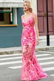 Sparkly Mermaid Deep V Neck Fuchsia Sequins Long Prom Dress with Appliques Sparkly Mermaid Deep V Neck Fuchsia Sequins Long Prom Dress with Appliques