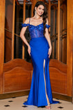 Trendy Mermaid Off the Shoulder Royal Blue Corset Prom Dress with Appliques Trendy Mermaid Off the Shoulder Royal Blue Corset Prom Dress with Appliques