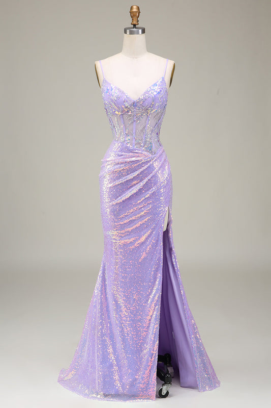 Sparkly Light Purple Corset Prom Dress with Slit Mermaid Spaghetti Straps Beaded Party Dress