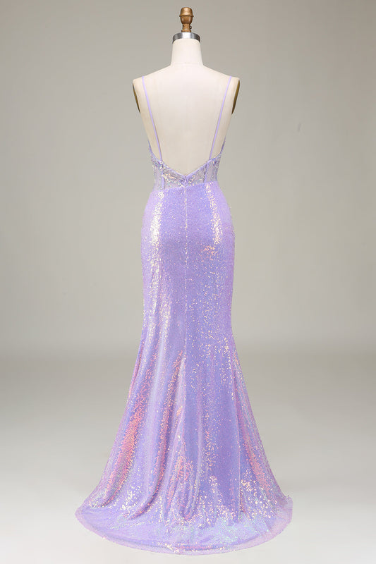 Sparkly Mermaid Light Purple Corset Prom Dress with Slit