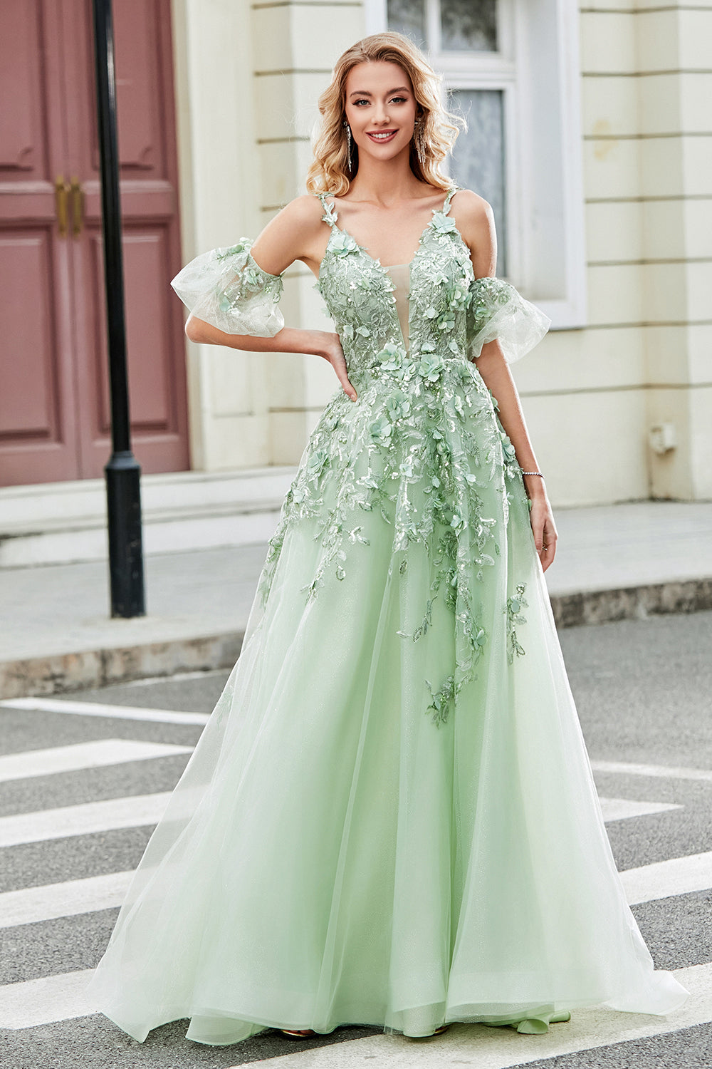 Zapakasa Women Green Removable Sleeves Tulle Prom Dress with Appliques A line Party Dress Zapakasa Women Green Removable Sleeves Tulle Prom Dress with Appliques A line Party Dress