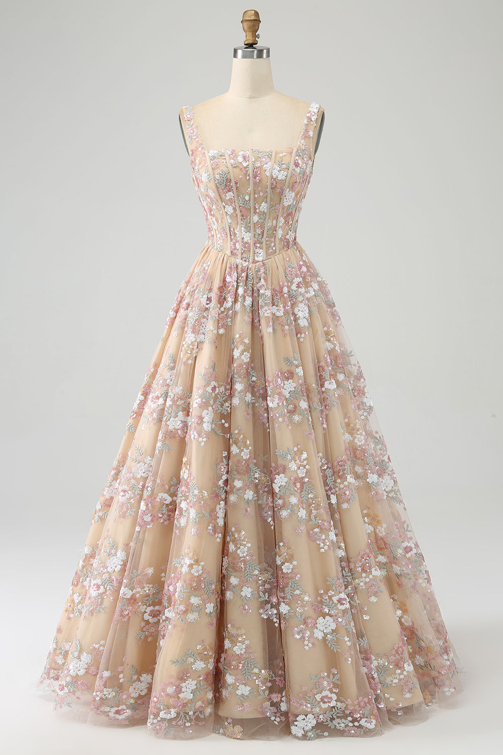 prom chaperone dress Zapakasa Women Champagne Corset Prom Dress Charming A Line Square Neck Formal Dress with Appliques