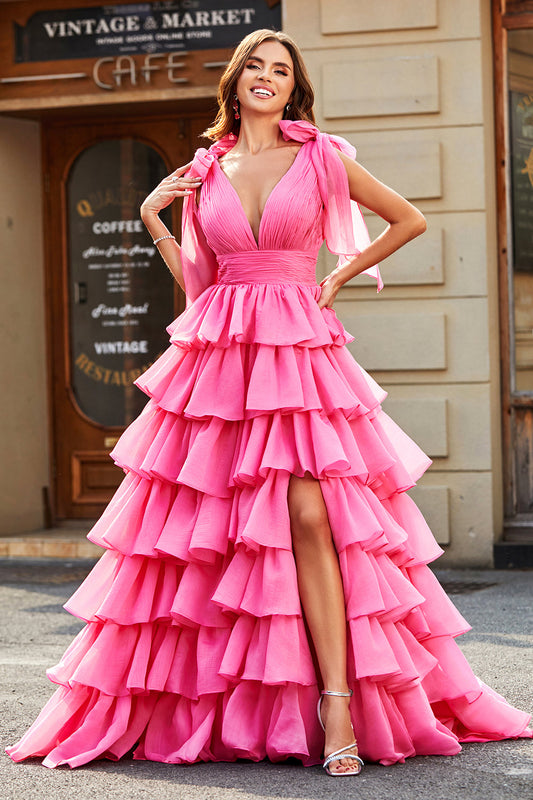 Zapaka Fuchsia Tiered Long Prom Dress Princess A-Line V-Neck Evening Party Dress With Slit