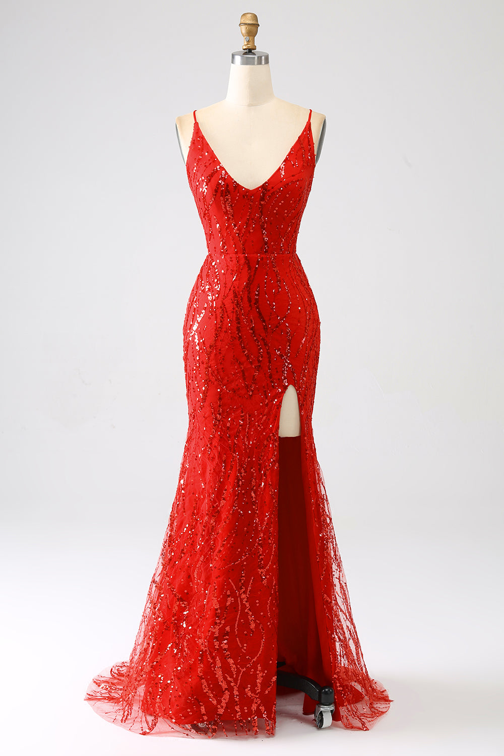 Zapakasa Women Glitter Red Mermaid Long Sequins Prom Dress with Slit Spaghetti Straps Party Dress Zapakasa Women Glitter Red Mermaid Long Sequins Prom Dress with Slit Spaghetti Straps Party Dress