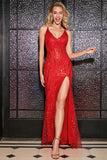 Sparkly Mermaid Spaghetti Straps Red Sequins Long Prom Dress with Criss Cross Back Sparkly Mermaid Spaghetti Straps Red Sequins Long Prom Dress with Criss Cross Back